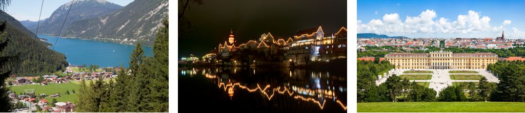 Bild zeigt: Blick auf die Gemeinde Achenkirch und Stadt Frohnleiten bei Nacht und Wien, Schloss Schönbrunn