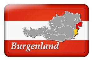 Österreichfahne mit Landkarte Burgenland und Landesfarben