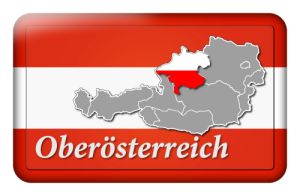 Österreichbutton mit Landkarte Oberösterreich und Landesfarben