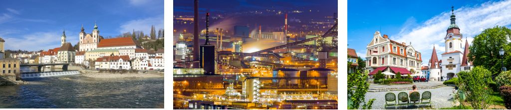 Bild zeigt: Blick auf die Stadt Steyr und Linz - Industriegebiet bei Nacht und Steiner Tor – Wahrzeichen der Altstadt Krems