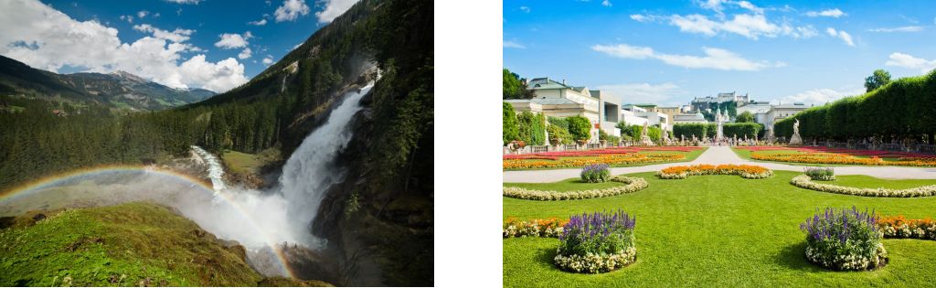 Bild zeigt: Krimmler Wasserfälle und Garten Schloss Mirabell
